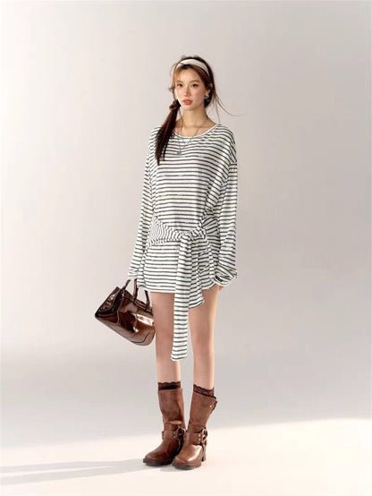 AsGony One-shoulder Stripe Dress(2color)