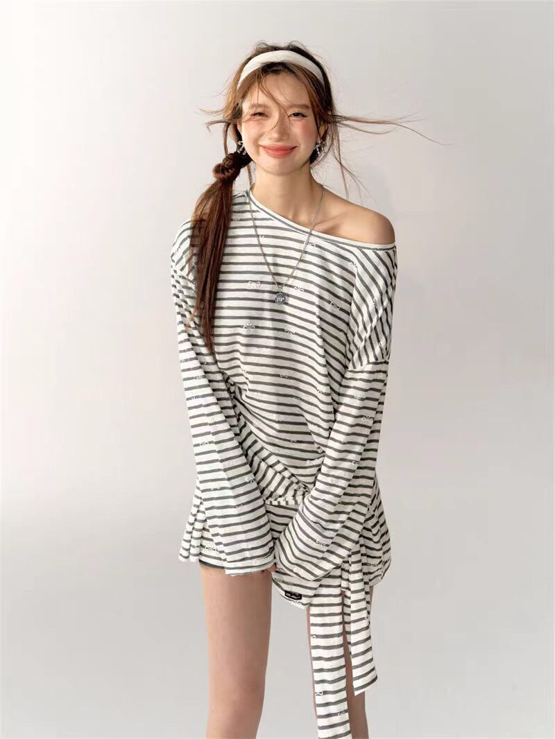 AsGony One-shoulder Stripe Dress(2color)