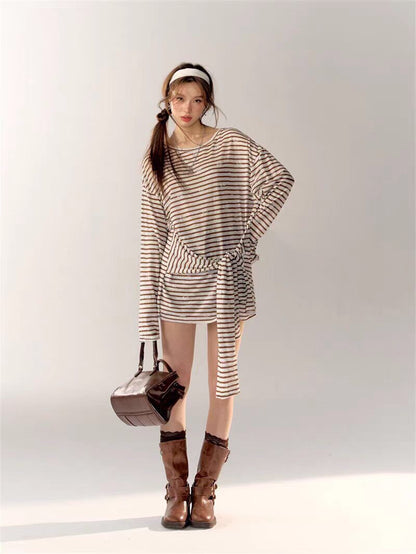 AsGony One-shoulder Stripe Dress(2color)