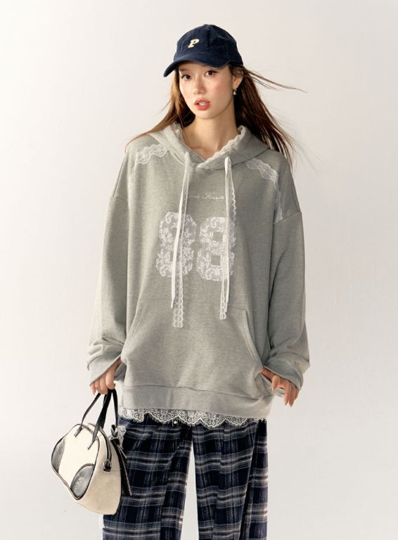 AsGony White Lace Oversize Hoodie