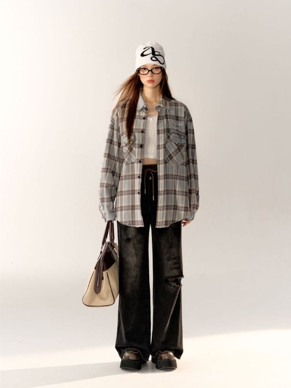 AsGony Oversize Grid Shirt &amp; Broken Jeans