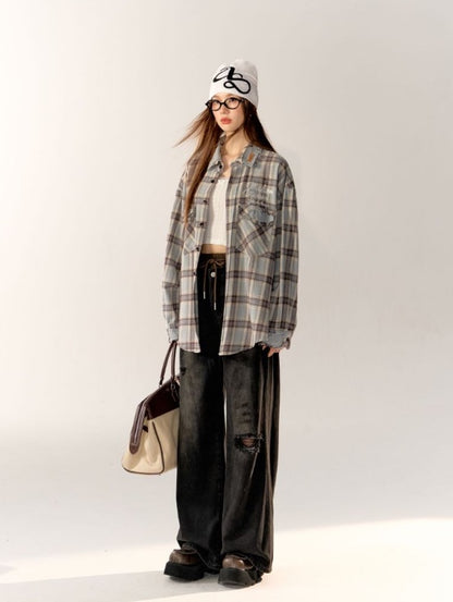 AsGony Oversize Grid Shirt &amp; Broken Jeans