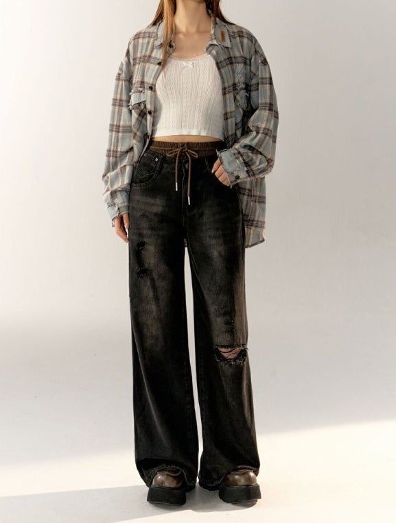 AsGony Oversize Grid Shirt &amp; Broken Jeans