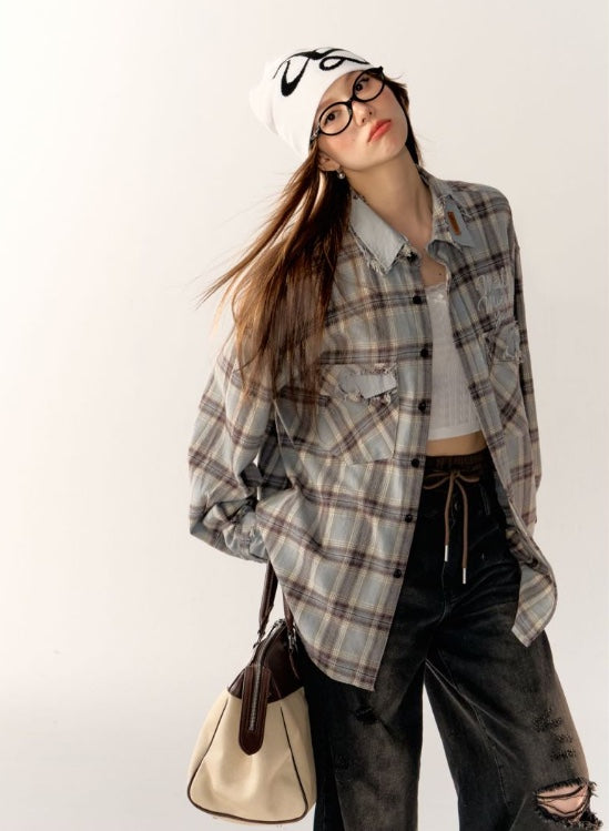 AsGony Oversize Grid Shirt &amp; Broken Jeans