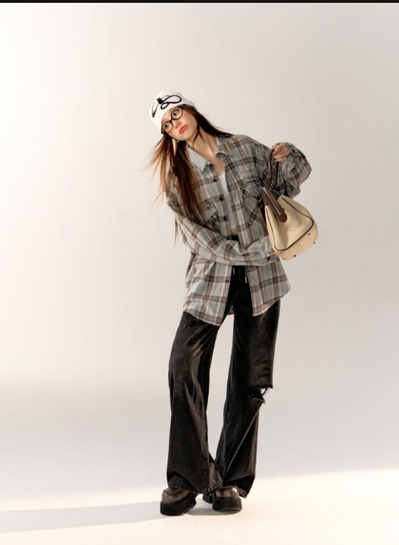 AsGony Oversize Grid Shirt &amp; Broken Jeans