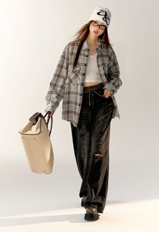 AsGony Oversize Grid Shirt &amp; Broken Jeans