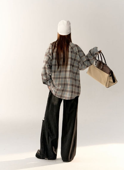 AsGony Oversize Grid Shirt &amp; Broken Jeans