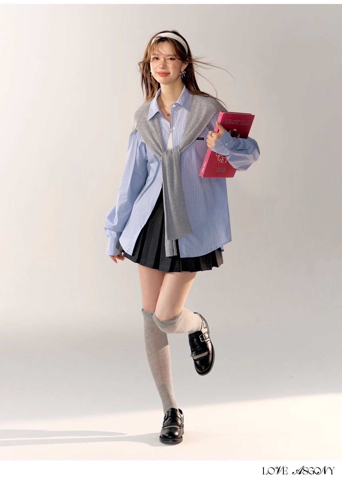 AsGony Mock Two-pieces Blue Shirt