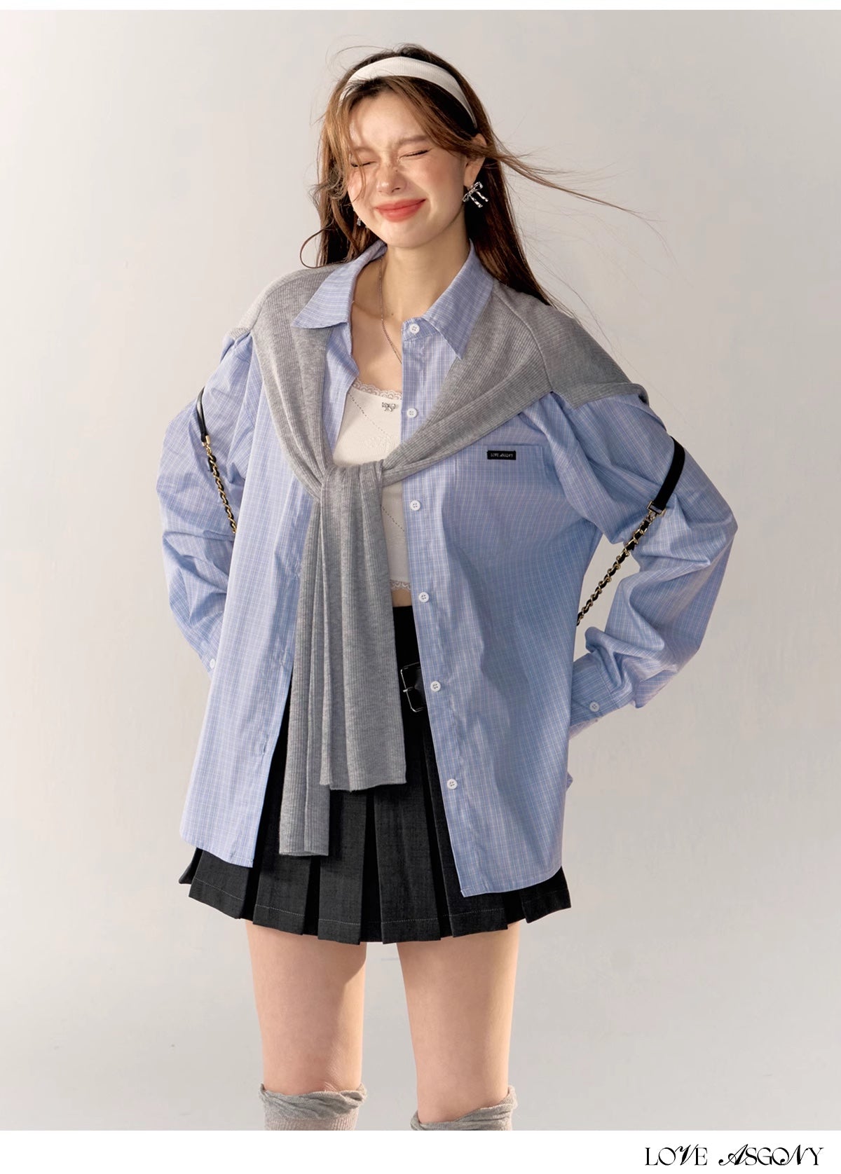 AsGony Mock Two-pieces Blue Shirt