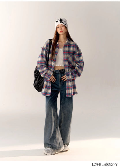 AsGony Label Grid Shirt &amp; High Waist Jeans