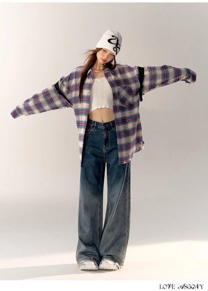 AsGony Label Grid Shirt &amp; High Waist Jeans