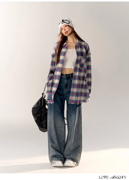 AsGony Label Grid Shirt &amp; High Waist Jeans