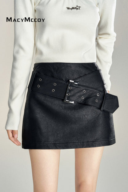 MacyMccoy Belt Leather Skirt(2color)