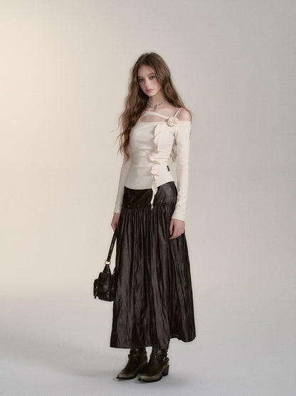 VIA PITTI V24DS186 Rose  Leather Midi Skirt