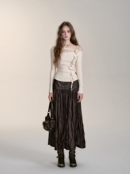 VIA PITTI V24DS186 Rose  Leather Midi Skirt