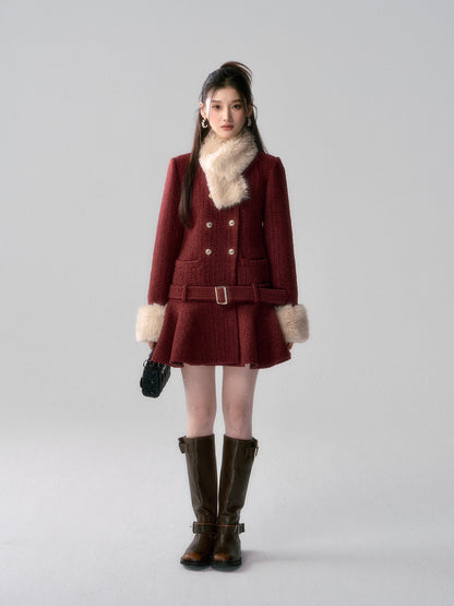 Lafreedom Fur Collar Tweed Dress-Red