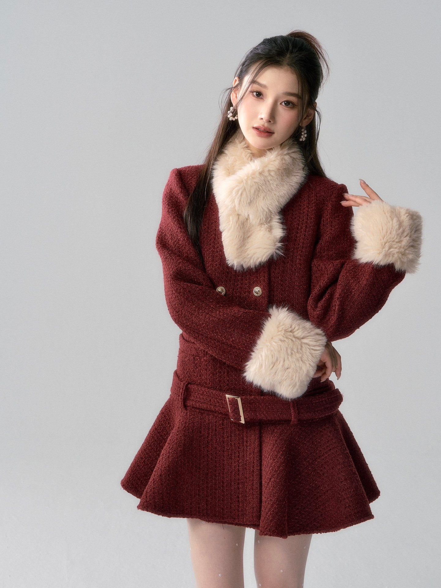 Lafreedom Fur Collar Tweed Dress-Red