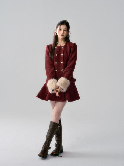 Lafreedom Fur Collar Tweed Dress-Red