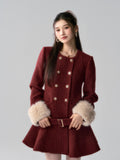 Lafreedom Fur Collar Tweed Dress-Red