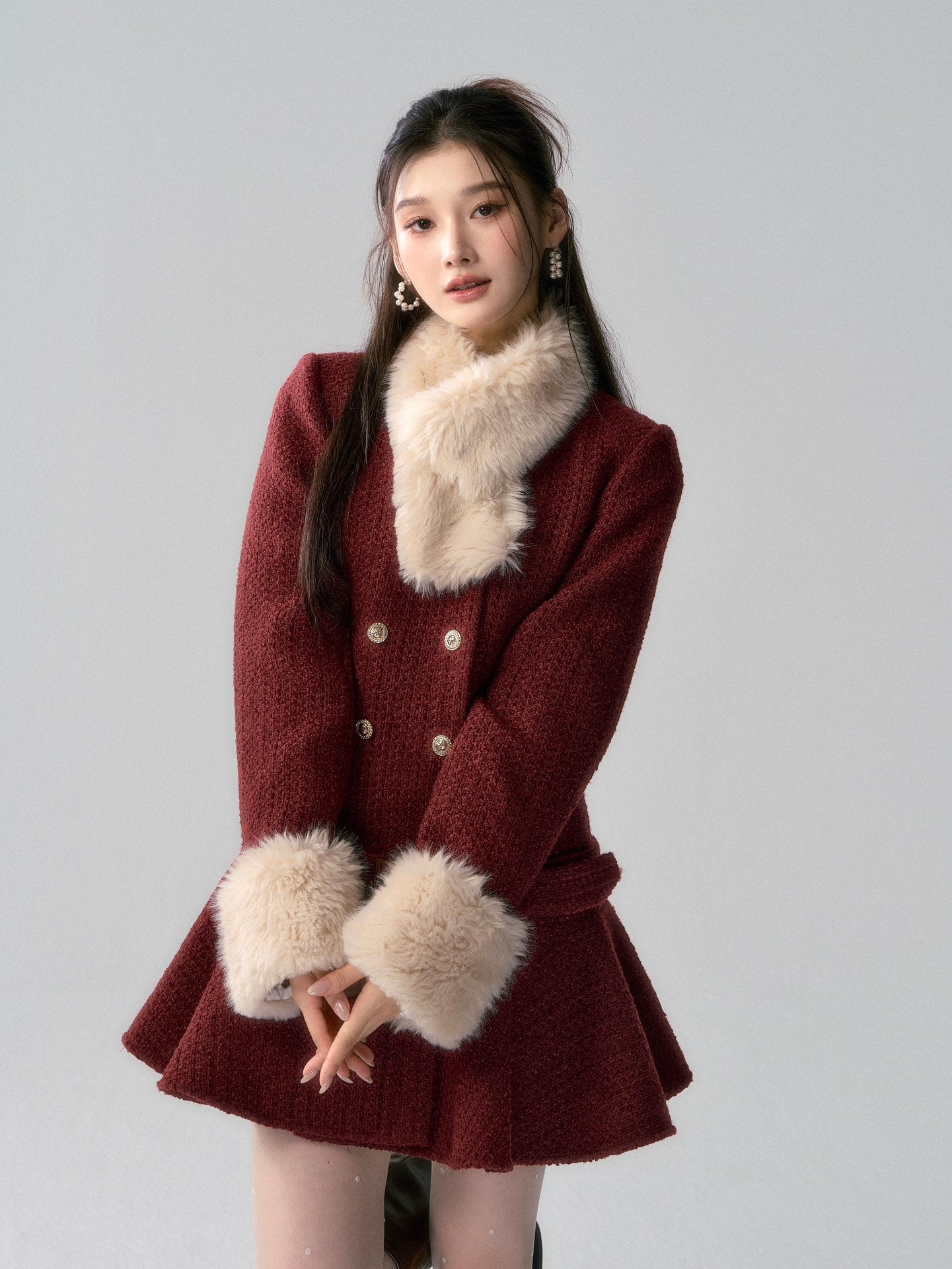 Lafreedom Fur Collar Tweed Dress-Red