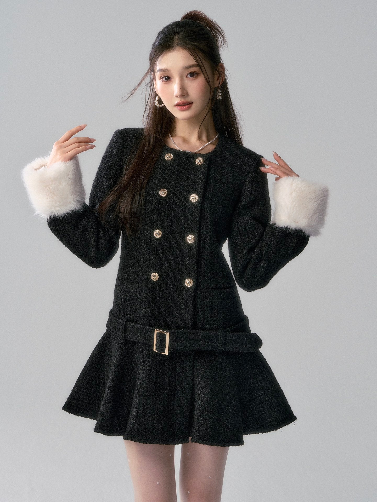 Lafreedom Fur Collar Tweed Dress-Black