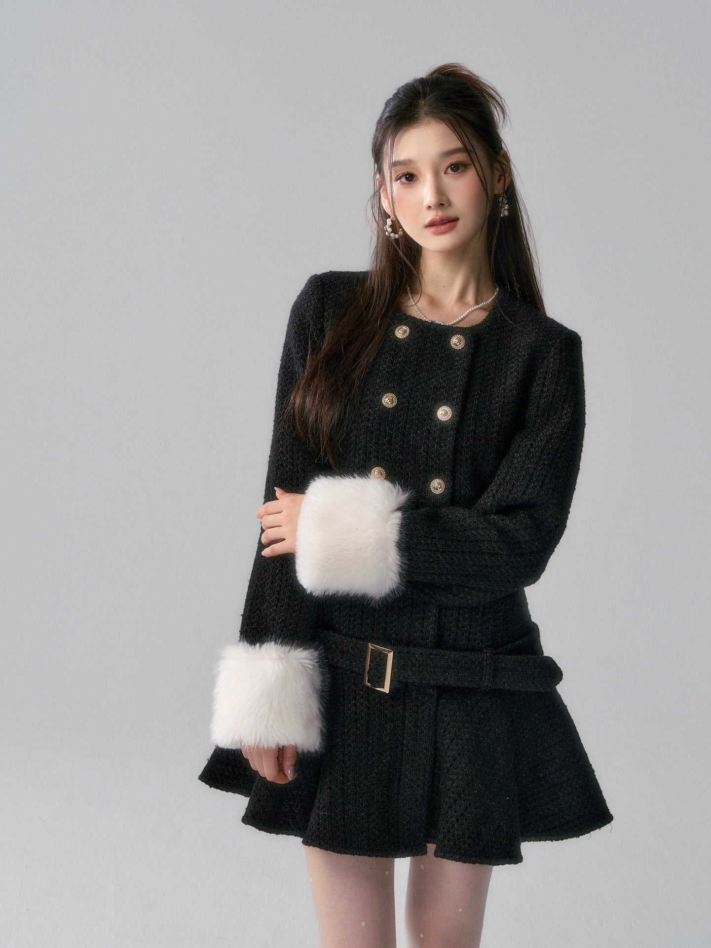 Lafreedom Fur Collar Tweed Dress-Black