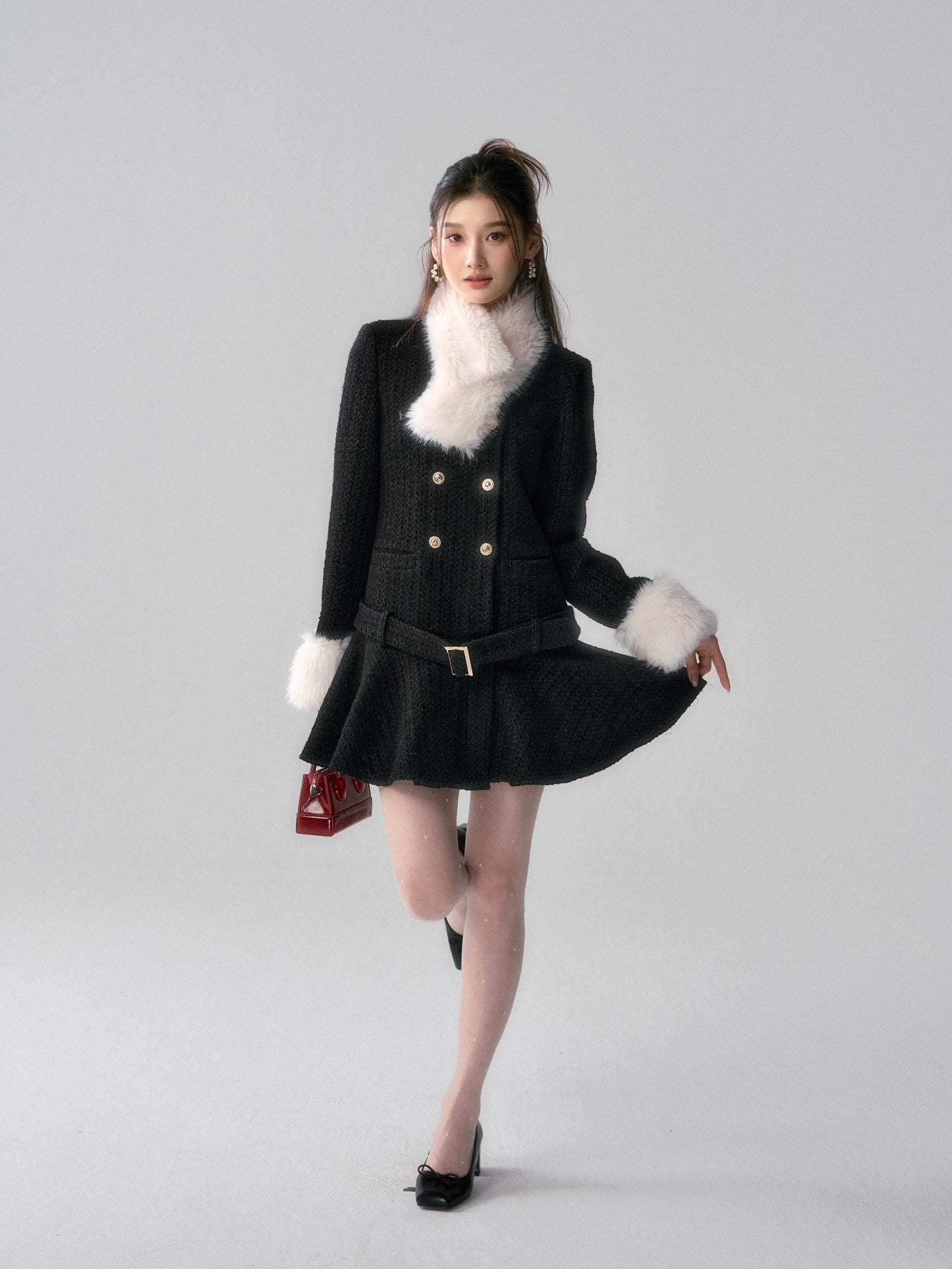 Lafreedom Fur Collar Tweed Dress-Black