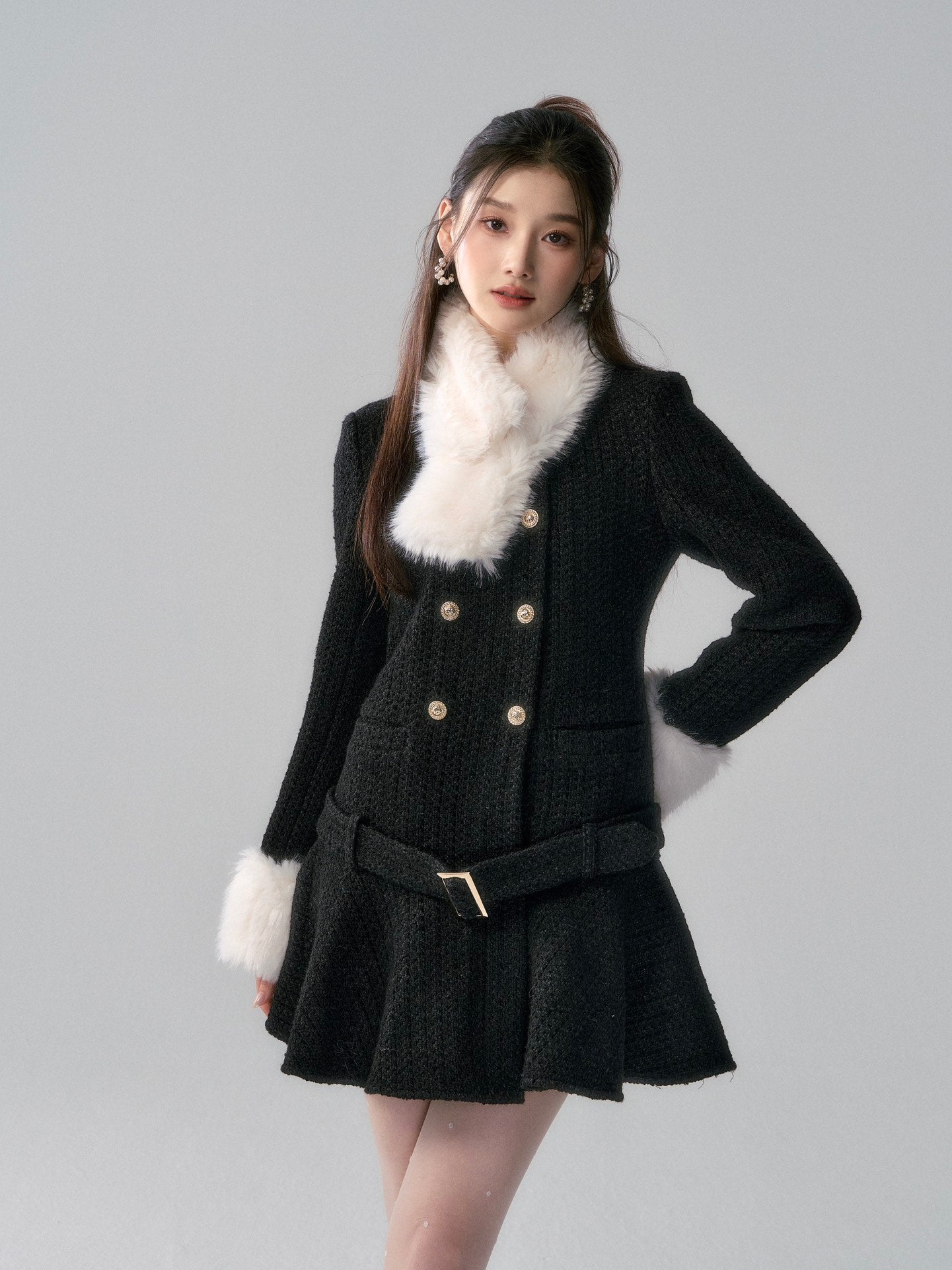 Lafreedom Fur Collar Tweed Dress-Black