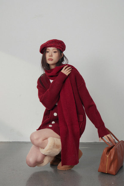 Lafreedom Red Knit Cardigan(with scarf)