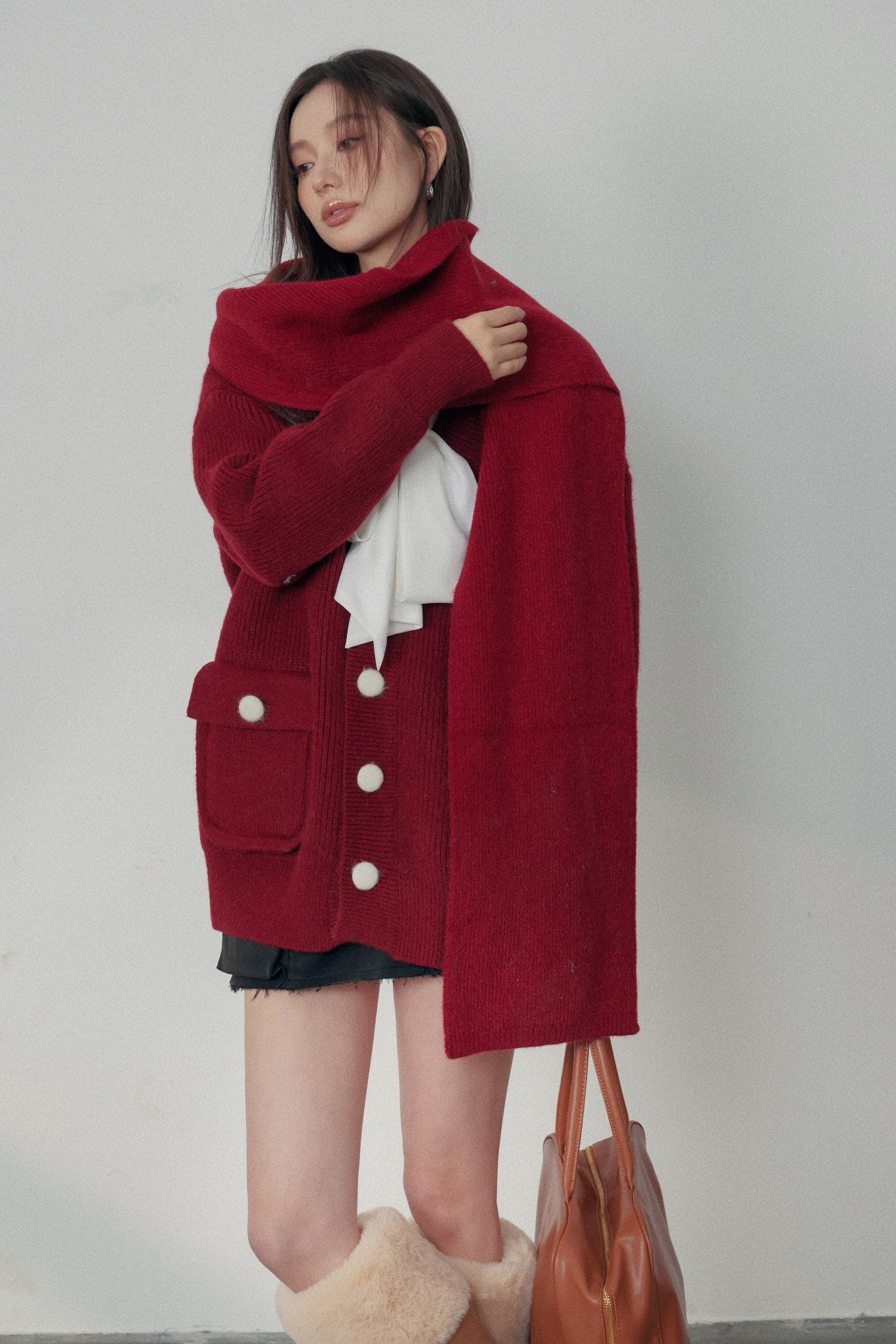 Lafreedom Red Knit Cardigan(with scarf)