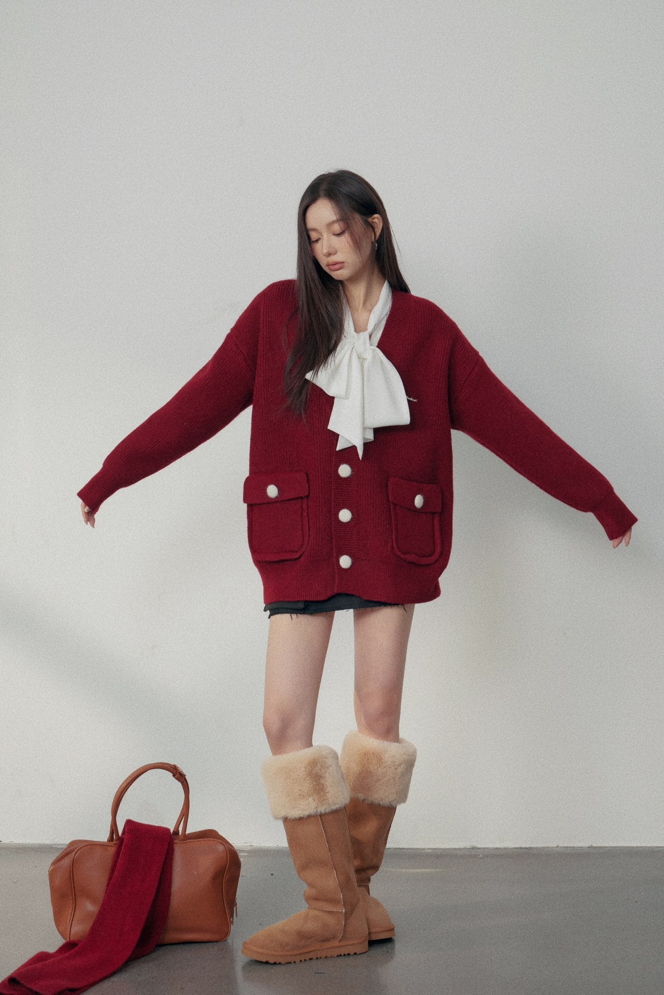 Lafreedom Red Knit Cardigan(with scarf)