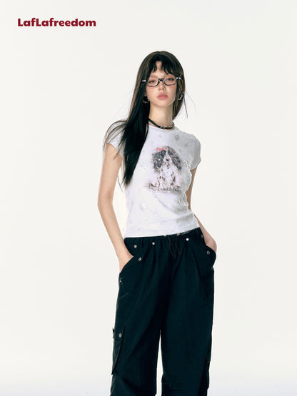 Lafreedom SALE LAF340514 Dog print lace patchwork T-shirt