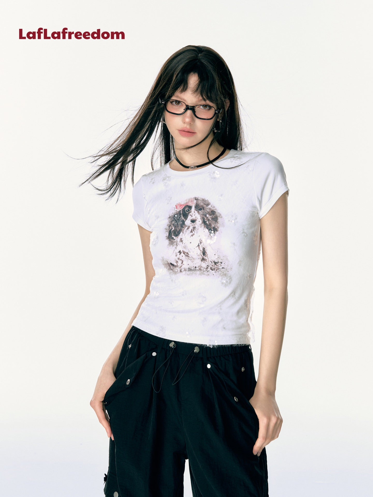 Lafreedom SALE LAF340514 Dog print lace patchwork T-shirt