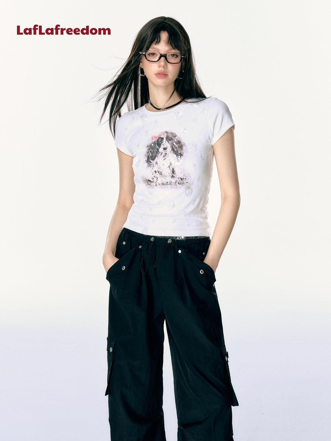 Lafreedom SALE LAF340514 Dog print lace patchwork T-shirt
