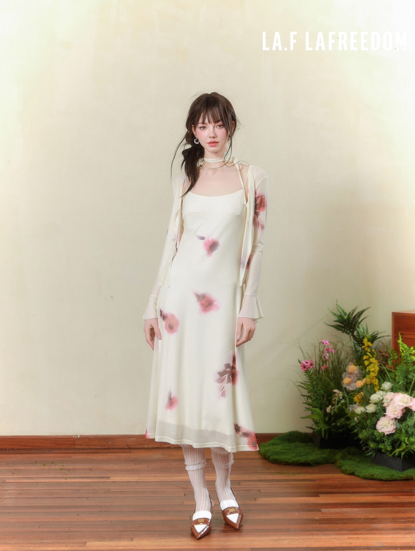 Lafreedom SALE LAF340328 Printed camisole dress cardigan two-piece set