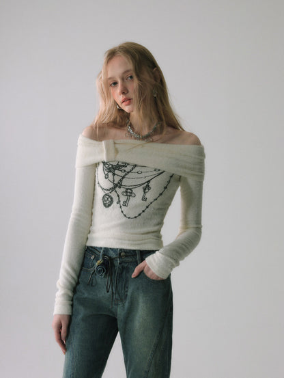Lafreedom SALE LAF340208 Off shoulder retro printed slim fit top