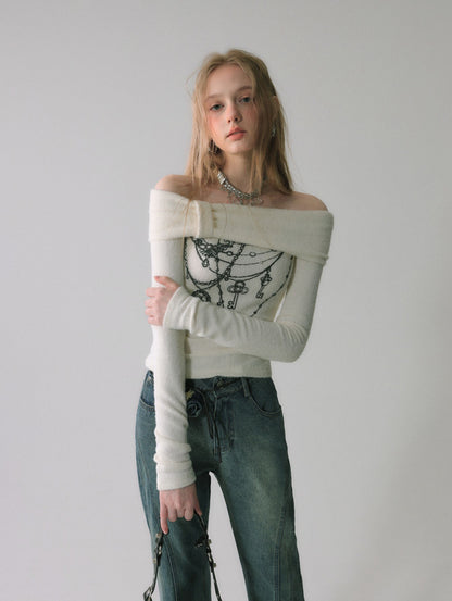 Lafreedom SALE LAF340208 Off shoulder retro printed slim fit top