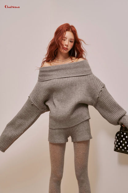 Cloud Season Off-Shoulder Oversized Gray Knit Set