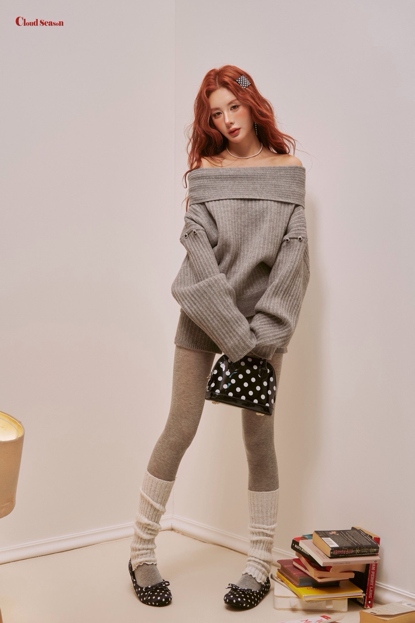 Cloud Season Off-Shoulder Oversized Gray Knit Set
