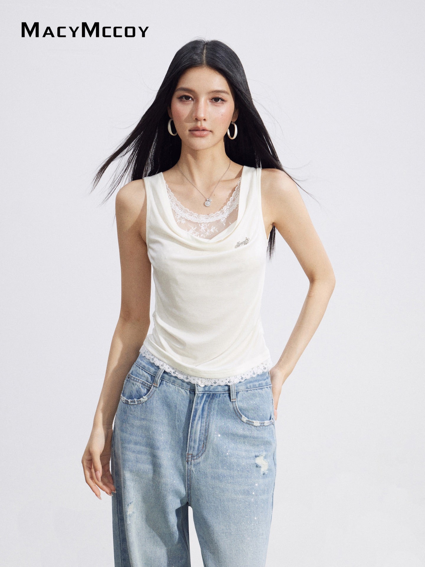 MacyMccoy MMC2026100 Feminine Lace Trim Top(2color)