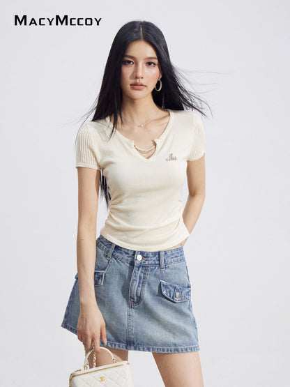 MacyMccoy MMC2026099 Chain Link Ice Silk V-Neck Top(2color)
