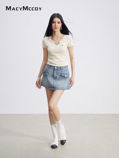 MacyMccoy MMC2026099 Chain Link Ice Silk V-Neck Top(2color)