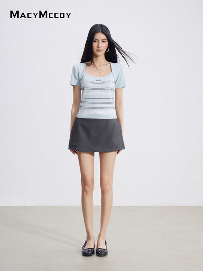 MacyMccoy MMC2026093 Faux Two-Piece Striped Ice Silk Top(2color)