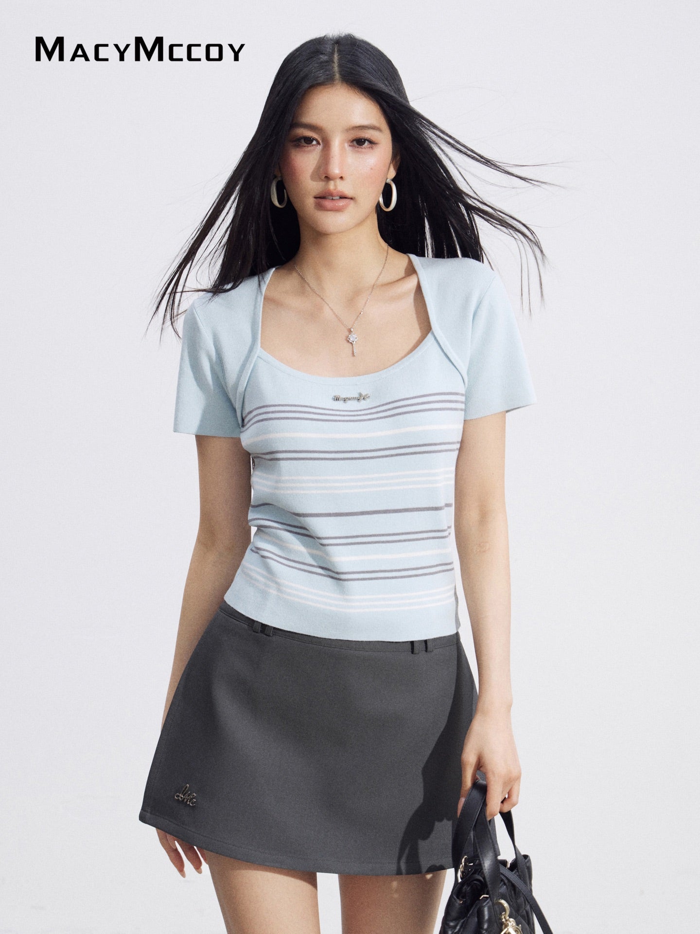 MacyMccoy MMC2026093 Faux Two-Piece Striped Ice Silk Top(2color)