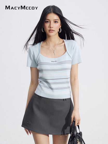 MacyMccoy MMC2026093 Faux Two-Piece Striped Ice Silk Top(2color)