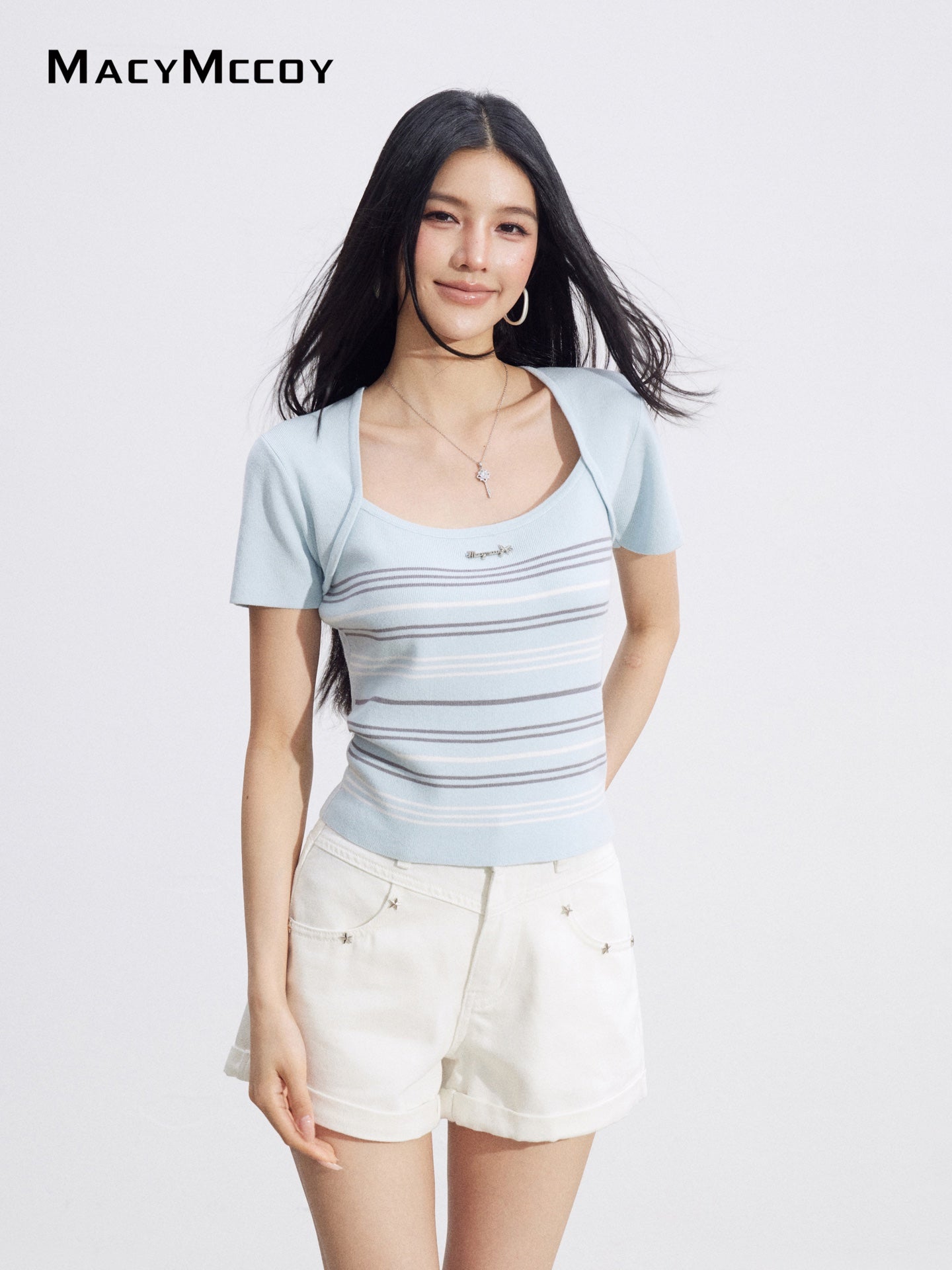 MacyMccoy MMC2026093 Faux Two-Piece Striped Ice Silk Top(2color)