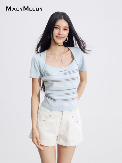 MacyMccoy MMC2026093 Faux Two-Piece Striped Ice Silk Top(2color)