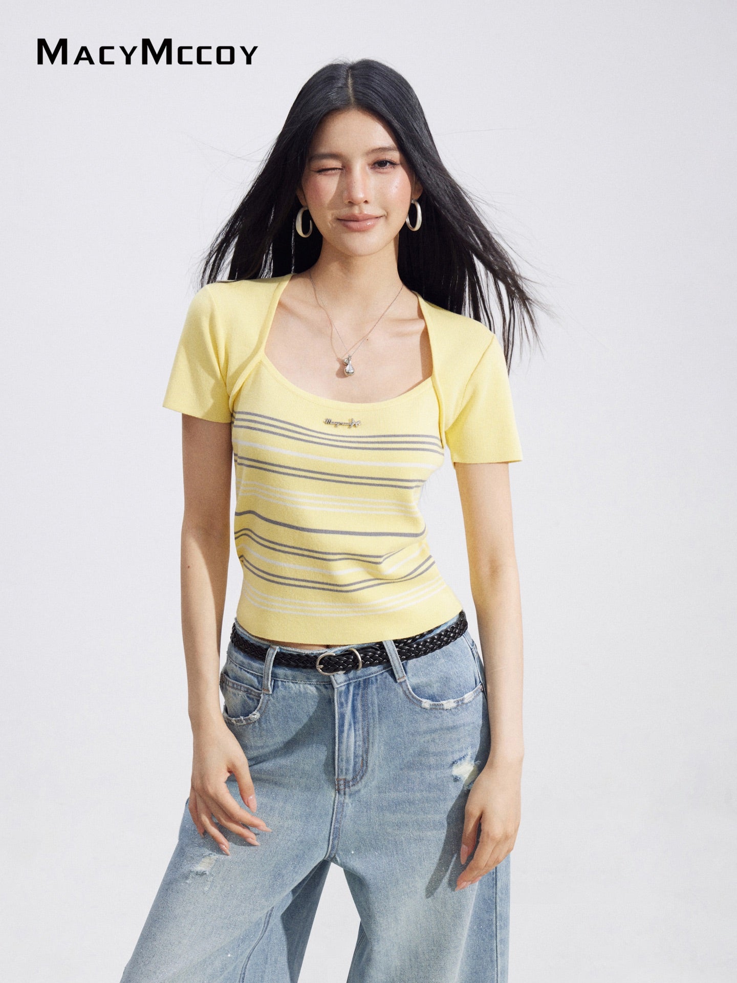 MacyMccoy MMC2026093 Faux Two-Piece Striped Ice Silk Top(2color)
