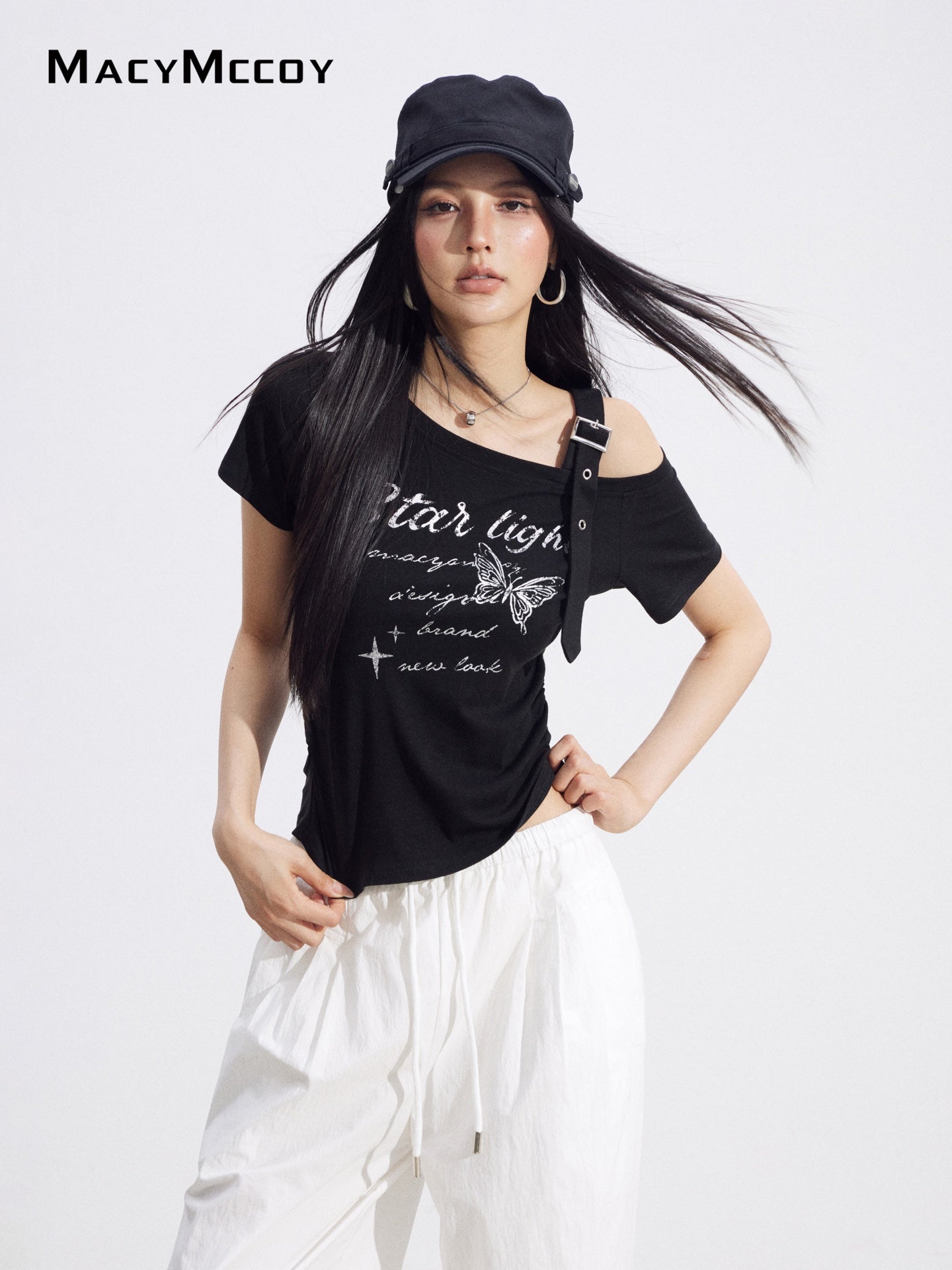 MacyMccoy MMC2026094 Off-Shoulder Butterfly Tee(2color)