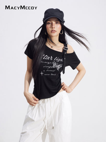 MacyMccoy MMC2026094 Off-Shoulder Butterfly Tee(2color)